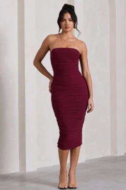 My Girl | Burgundy Bandeau Bodycon Ruched Mesh Midi Dress -ENY Clothing Shop WB CL129493063 MyGirlBurgundyBandeauBodyconRuchedMeshMaxiDress2