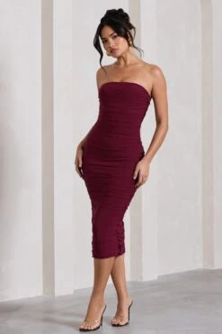 My Girl | Burgundy Bandeau Bodycon Ruched Mesh Midi Dress -ENY Clothing Shop WB CL129493063 MyGirlBurgundyBandeauBodyconRuchedMeshMaxiDress3