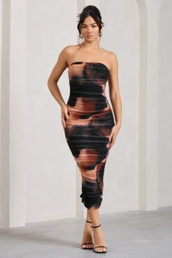 My Girl | Orange Smoke Print Strapless Bodycon Ruched Mesh Midi Dress -ENY Clothing Shop WB CL129493158 MyGirl OrangeSmokePrintStraplessBodyconRuchedMeshMaxiDress2