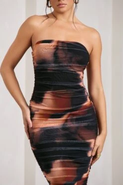 My Girl | Orange Smoke Print Strapless Bodycon Ruched Mesh Midi Dress -ENY Clothing Shop WB CL129493158 MyGirl OrangeSmokePrintStraplessBodyconRuchedMeshMaxiDress5