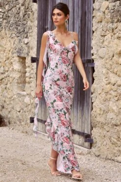 Leading Lady | Pink Floral Print Chiffon Asymmetric Ruffle Maxi Dress -ENY Clothing Shop WB CL129536146