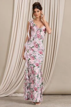 Leading Lady | Pink Floral Print Chiffon Asymmetric Ruffle Maxi Dress -ENY Clothing Shop WB CL129536146 LeadingLadyPinkFloralPrintChiffonAsymmetricRuffleMaxiDress0