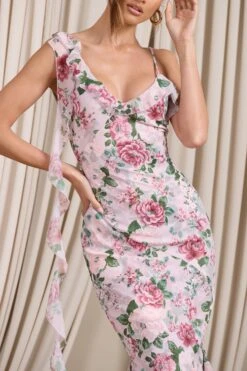 Leading Lady | Pink Floral Print Chiffon Asymmetric Ruffle Maxi Dress -ENY Clothing Shop WB CL129536146 LeadingLadyPinkFloralPrintChiffonAsymmetricRuffleMaxiDress4