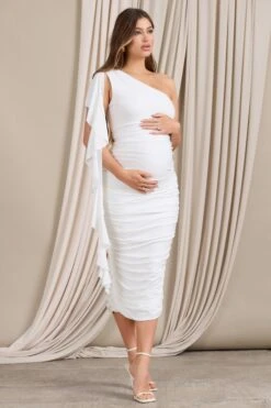 Streamer | White Asymmetric Ruffled Maternity Midi Dress -ENY Clothing Shop WB CL129554005 StreamerWhiteAsymmetricRuffledMaternityMidiDress2