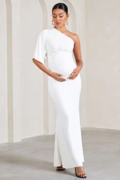 Wisdom | White Ruched Asymmetric One-Shoulder Maternity Maxi Dress -ENY Clothing Shop WB CL129568005 WisdomWhiteRuchedAsymmetricOne ShoulderMaxiDress1