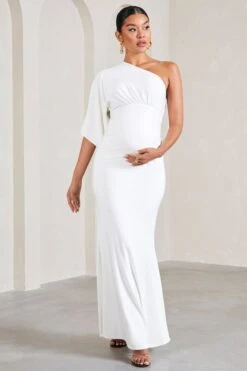 Wisdom | White Ruched Asymmetric One-Shoulder Maternity Maxi Dress -ENY Clothing Shop WB CL129568005 WisdomWhiteRuchedAsymmetricOne ShoulderMaxiDress2
