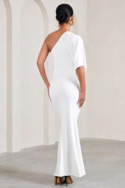 Wisdom | White Ruched Asymmetric One-Shoulder Maternity Maxi Dress -ENY Clothing Shop WB CL129568005 WisdomWhiteRuchedAsymmetricOne ShoulderMaxiDress4