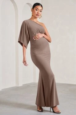 Wisdom | Mocha Ruched Asymmetric One-Shoulder Maternity Maxi Dress -ENY Clothing Shop WB CL129568038 WisdomMochaRuchedAsymmetricOne ShoulderMaxiDress2