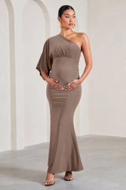 Wisdom | Mocha Ruched Asymmetric One-Shoulder Maternity Maxi Dress -ENY Clothing Shop WB CL129568038 WisdomMochaRuchedAsymmetricOne ShoulderMaxiDress3