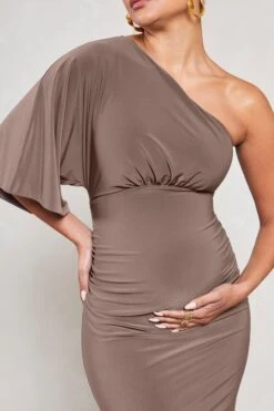 Wisdom | Mocha Ruched Asymmetric One-Shoulder Maternity Maxi Dress -ENY Clothing Shop WB CL129568038 WisdomMochaRuchedAsymmetricOne ShoulderMaxiDress6
