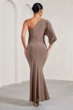 Wisdom | Mocha Ruched Asymmetric One-Shoulder Maternity Maxi Dress -ENY Clothing Shop WB CL129568038 WisdomMochaRuchedAsymmetricOne ShoulderMaxiDress7