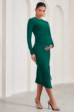 Eternal | Bottle Green Long-Sleeved Split Maternity Midi Dress -ENY Clothing Shop WB CL129571047 EternalBottleGreenLong SleevedSplitMaternityMaxiDress0