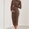 Eternal | Chocolate Brown Ruched Long-Sleeved Split Maternity Midi Dress -ENY Clothing Shop WB CL129571067 EternalChocolateBrownRuchedLong SleevedSplitMaternityMaxiDress0