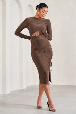 Eternal | Chocolate Brown Ruched Long-Sleeved Split Maternity Midi Dress -ENY Clothing Shop WB CL129571067 EternalChocolateBrownRuchedLong SleevedSplitMaternityMaxiDress2