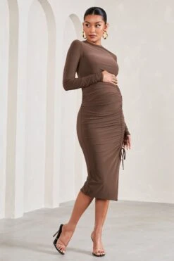 Eternal | Chocolate Brown Ruched Long-Sleeved Split Maternity Midi Dress -ENY Clothing Shop WB CL129571067 EternalChocolateBrownRuchedLong SleevedSplitMaternityMaxiDress4