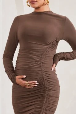 Eternal | Chocolate Brown Ruched Long-Sleeved Split Maternity Midi Dress -ENY Clothing Shop WB CL129571067 EternalChocolateBrownRuchedLong SleevedSplitMaternityMaxiDress5