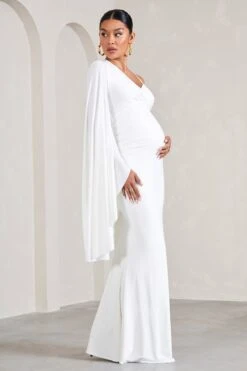 Rhea | White V-Neck Split Maternity Maxi Dress With Cape Sleeve -ENY Clothing Shop WB CL129572005 RheaWhiteV NeckSplitMaternityMaxiDressWithCapeSleeve0