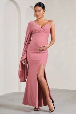 Rhea | Blush Pink V-Neck Split Maternity Maxi Dress With Cape Sleeve -ENY Clothing Shop WB CL129572081 RheaBlushPinkV NeckSplitMaternityMaxiDressWithCapeSleeve2