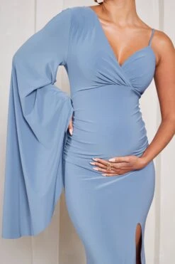 Rhea | Cornflower Blue V-Neck Split Maternity Maxi Dress With Cape Sleeve -ENY Clothing Shop WB CL129572115 RheaCornflowerBlueV NeckSplitMaternityMaxiDressWithCapeSleeve6