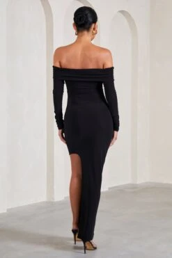 Kaylee | Black Ruched Strapless Long-Sleeved Split Maternity Maxi Dress -ENY Clothing Shop WB CL129573002 KayleeBlackRuchedStraplessLong SleevedSplitMaternityMaxiDress7