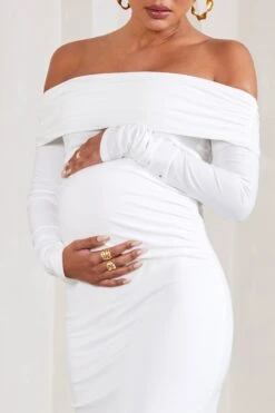 Kaylee | White Ruched Strapless Long-Sleeved Split Maternity Maxi Dress -ENY Clothing Shop WB CL129573005 KayleeWhiteRuchedStraplessLong SleevedSplitMaternityMaxiDress5