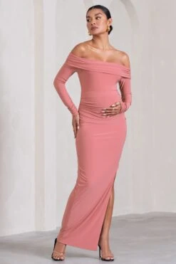 Kaylee | Blush Pink Ruched Strapless Long-Sleeved Split Maternity Maxi Dress -ENY Clothing Shop WB CL129573081 KayleeBlushPinkRuchedStraplessLong SleevedSplitMaternityMaxiDress1