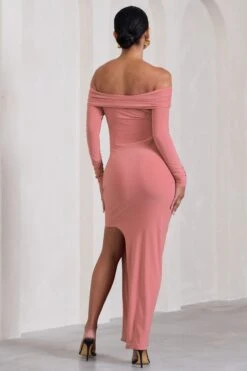 Kaylee | Blush Pink Ruched Strapless Long-Sleeved Split Maternity Maxi Dress -ENY Clothing Shop WB CL129573081 KayleeBlushPinkRuchedStraplessLong SleevedSplitMaternityMaxiDress6