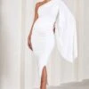 Adeline | White Ruched Asymmetric Split Maternity Midi Dress With Cape Sleeve -ENY Clothing Shop WB CL129574005 AdelineWhiteRuchedAsymmetricSplitMaternityMidiDressWithCapeSleeve0