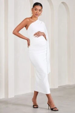 Adeline | White Ruched Asymmetric Split Maternity Midi Dress With Cape Sleeve -ENY Clothing Shop WB CL129574005 AdelineWhiteRuchedAsymmetricSplitMaternityMidiDressWithCapeSleeve1