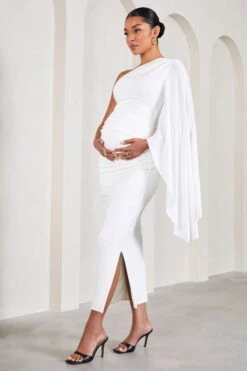 Adeline | White Ruched Asymmetric Split Maternity Midi Dress With Cape Sleeve -ENY Clothing Shop WB CL129574005 AdelineWhiteRuchedAsymmetricSplitMaternityMidiDressWithCapeSleeve4