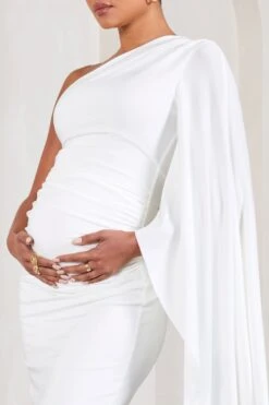 Adeline | White Ruched Asymmetric Split Maternity Midi Dress With Cape Sleeve -ENY Clothing Shop WB CL129574005 AdelineWhiteRuchedAsymmetricSplitMaternityMidiDressWithCapeSleeve6