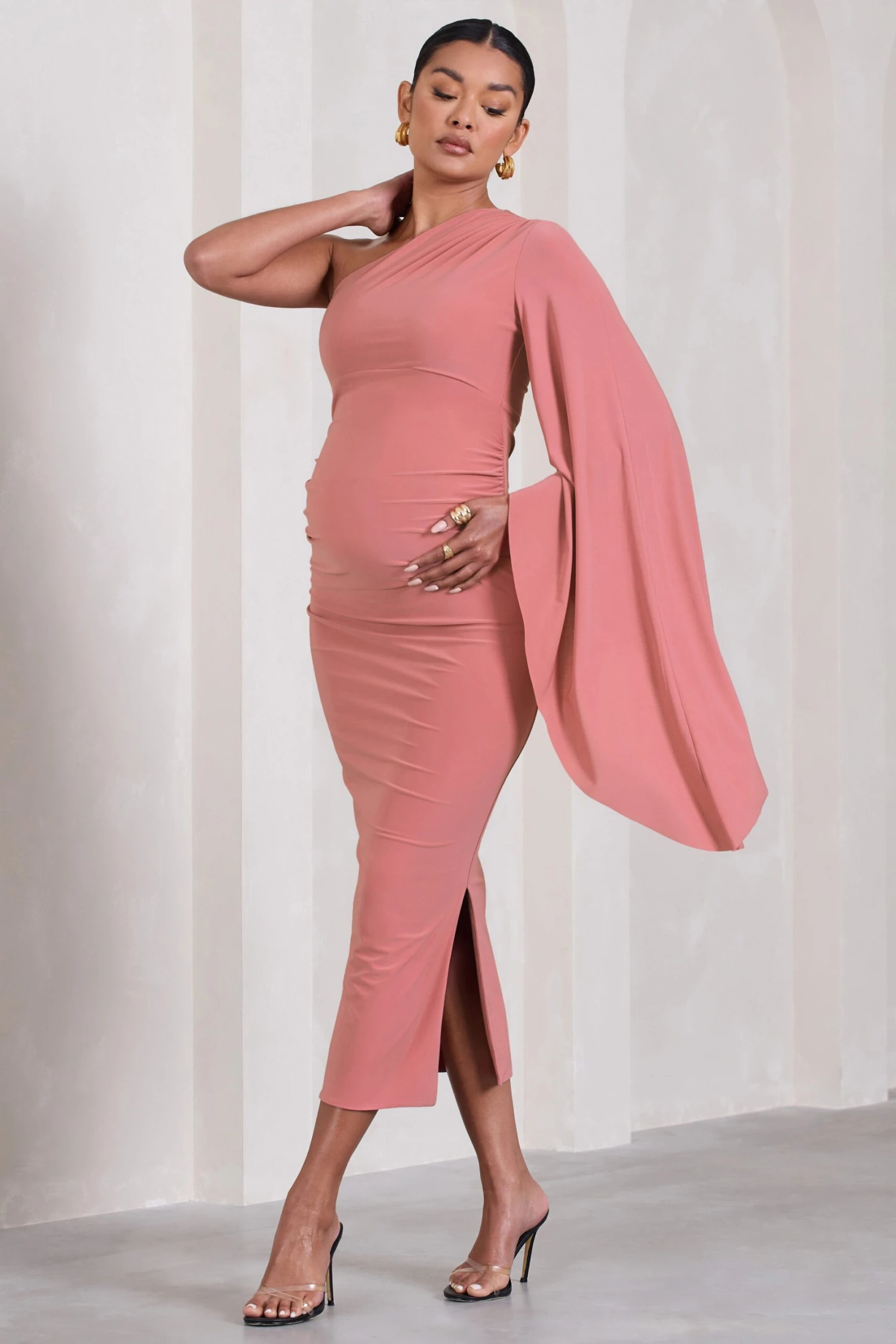 Adeline | Blush Pink Ruched Asymmetric Split Maternity Midi Dress With Cape Sleeve 5 Adeline | Blush Pink Ruched Asymmetric Split Maternity Midi Dress With Cape Sleeve - Image 3