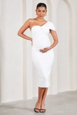 Admired | White Ruched One-Shoulder Maternity Midi Dress -ENY Clothing Shop WB CL129576005 AdmiredWhiteRuchedOne ShoulderMaternityMidiDress1