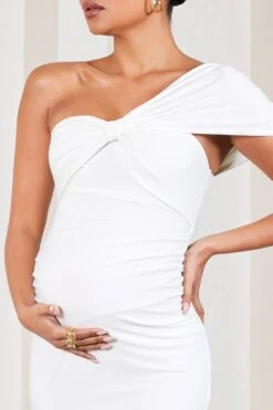 Admired | White Ruched One-Shoulder Maternity Midi Dress -ENY Clothing Shop WB CL129576005 AdmiredWhiteRuchedOne ShoulderMaternityMidiDress3