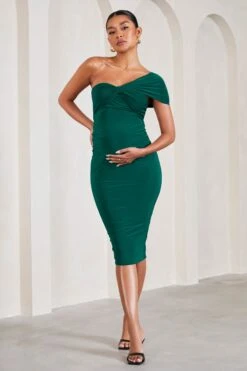 Admired | Bottle Green Ruched One-Shoulder Maternity Midi Dress -ENY Clothing Shop WB CL129576047 AdmiredBottleGreenRuchedOne ShoulderMaternityMidiDress2