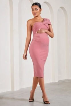 Admired | Blush Pink Ruched One-Shoulder Maternity Midi Dress -ENY Clothing Shop WB CL129576081 AdmiredBlushPinkRuchedOne ShoulderMaternityMidiDress2