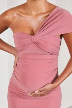 Admired | Blush Pink Ruched One-Shoulder Maternity Midi Dress -ENY Clothing Shop WB CL129576081 AdmiredBlushPinkRuchedOne ShoulderMaternityMidiDress4