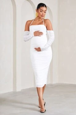 Pixie | White Ruched Long-Sleeved Halter-Neck Maternity Midi Dress -ENY Clothing Shop WB CL129577005 PixieWhiteRuchedLong SleevedHalter NeckMaternityMidiDress2