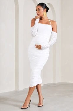 Pixie | White Ruched Long-Sleeved Halter-Neck Maternity Midi Dress -ENY Clothing Shop WB CL129577005 PixieWhiteRuchedLong SleevedHalter NeckMaternityMidiDress3