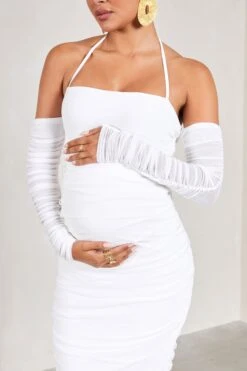 Pixie | White Ruched Long-Sleeved Halter-Neck Maternity Midi Dress -ENY Clothing Shop WB CL129577005 PixieWhiteRuchedLong SleevedHalter NeckMaternityMidiDress4