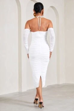 Pixie | White Ruched Long-Sleeved Halter-Neck Maternity Midi Dress -ENY Clothing Shop WB CL129577005 PixieWhiteRuchedLong SleevedHalter NeckMaternityMidiDress5
