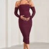 Pixie | Burgundy Ruched Long-Sleeved Halter-Neck Maternity Midi Dress -ENY Clothing Shop WB CL129577069 PixieBurgundyRuchedLong SleevedHalter NeckMaternityMidiDress1