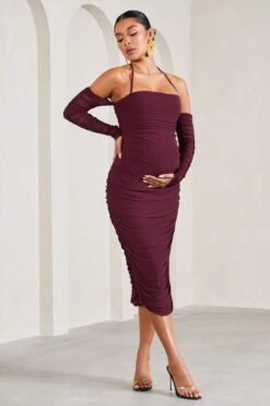 Pixie | Burgundy Ruched Long-Sleeved Halter-Neck Maternity Midi Dress -ENY Clothing Shop WB CL129577069 PixieBurgundyRuchedLong SleevedHalter NeckMaternityMidiDress2