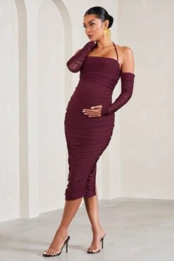 Pixie | Burgundy Ruched Long-Sleeved Halter-Neck Maternity Midi Dress -ENY Clothing Shop WB CL129577069 PixieBurgundyRuchedLong SleevedHalter NeckMaternityMidiDress4