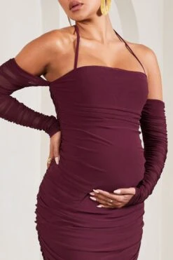 Pixie | Burgundy Ruched Long-Sleeved Halter-Neck Maternity Midi Dress -ENY Clothing Shop WB CL129577069 PixieBurgundyRuchedLong SleevedHalter NeckMaternityMidiDress5