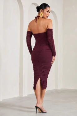 Pixie | Burgundy Ruched Long-Sleeved Halter-Neck Maternity Midi Dress -ENY Clothing Shop WB CL129577069 PixieBurgundyRuchedLong SleevedHalter NeckMaternityMidiDress6