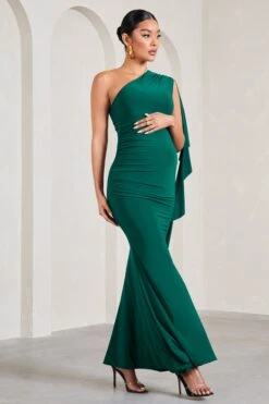 Rosalie | Bottle Green One-Shoulder Maternity Maxi Dress With Ruffles -ENY Clothing Shop WB CL129579047 RosalieBottleGreenOne ShoulderMaternityMaxiDressWithRuffles3