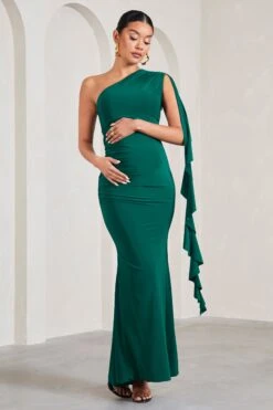 Rosalie | Bottle Green One-Shoulder Maternity Maxi Dress With Ruffles -ENY Clothing Shop WB CL129579047 RosalieBottleGreenOne ShoulderMaternityMaxiDressWithRuffles5