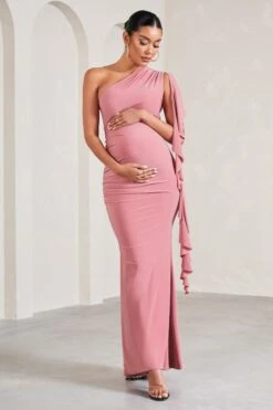 Rosalie | Blush Pink One-Shoulder Maternity Maxi Dress With Ruffles -ENY Clothing Shop WB CL129579081 RosalieBlushPinkOne ShoulderMaternityMaxiDressWithRuffles2