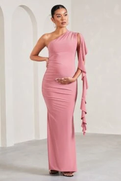 Rosalie | Blush Pink One-Shoulder Maternity Maxi Dress With Ruffles -ENY Clothing Shop WB CL129579081 RosalieBlushPinkOne ShoulderMaternityMaxiDressWithRuffles5